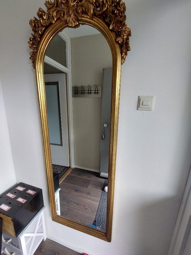 Vintage spiegel kuifspiegel barok houten lijst, Ophalen, Zo goed als nieuw, 150 tot 200 cm, Rechthoekig