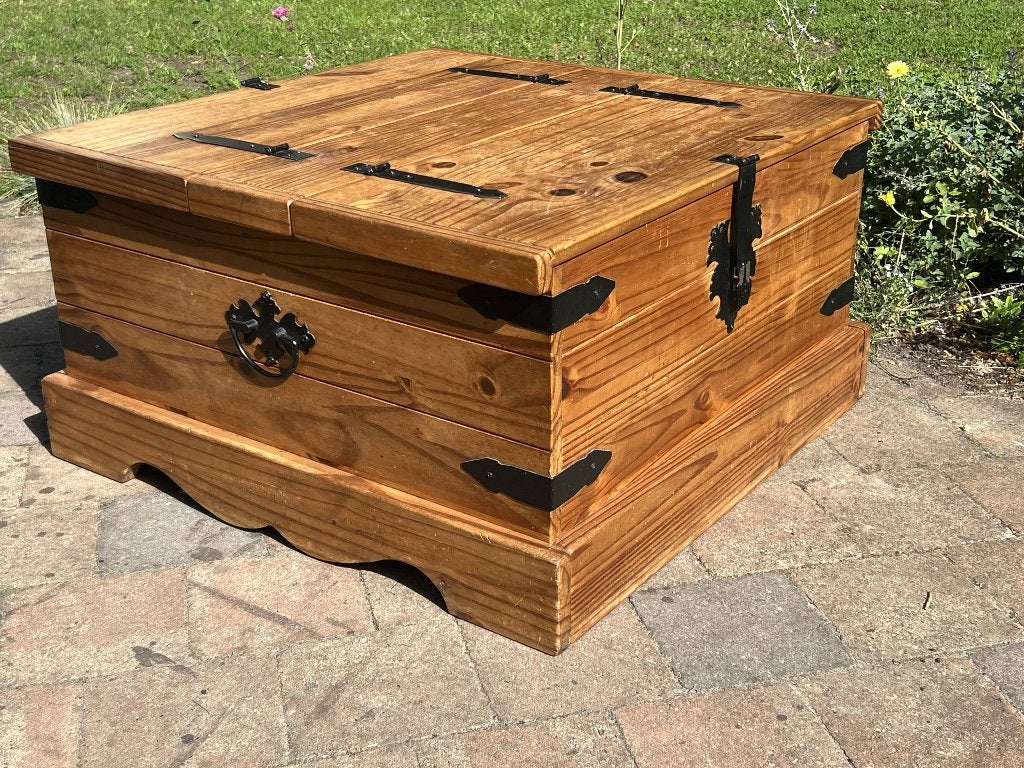 houten opbergkist - zwarte smeedijzeren details., Ophalen, 100 tot 150 cm, 50 tot 100 cm, Grenenhout