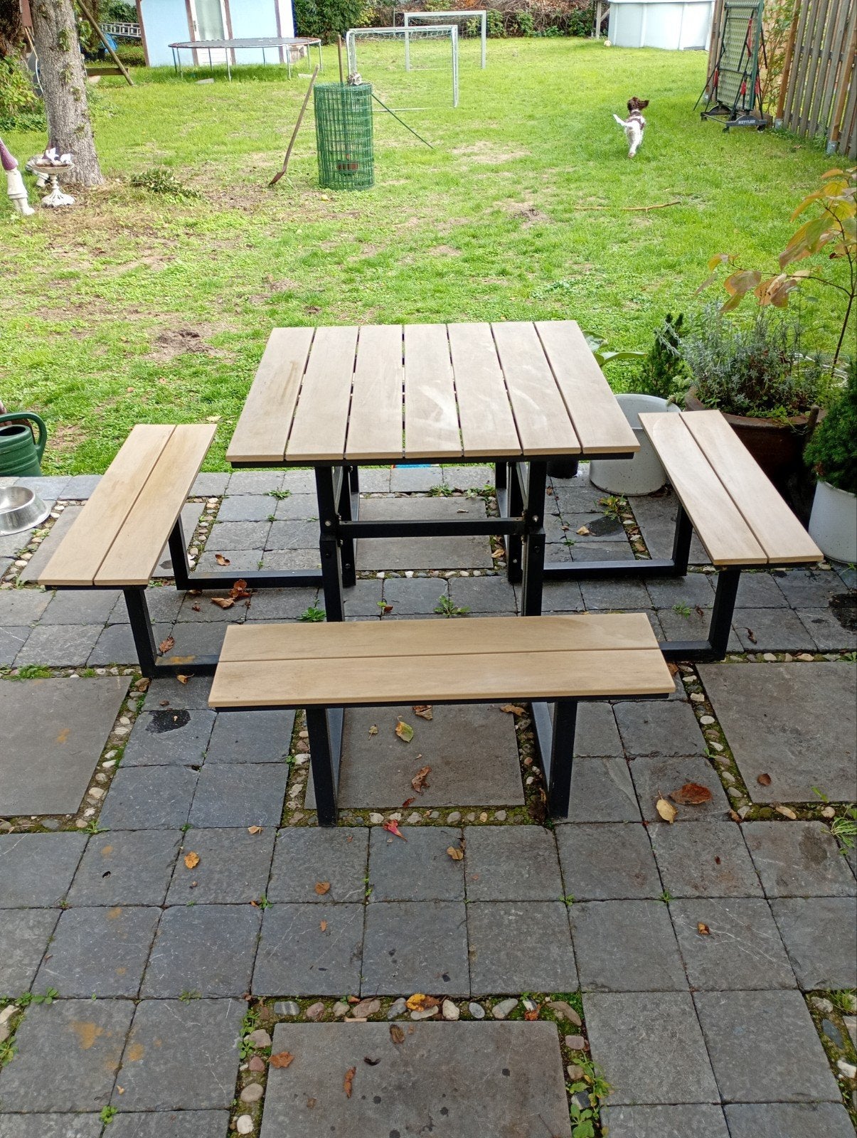 Picknicktafel Beige houtmotief met vaste bankjes - Ideaal vo, Ophalen, Gebruikt, Vierkant, Aluminium