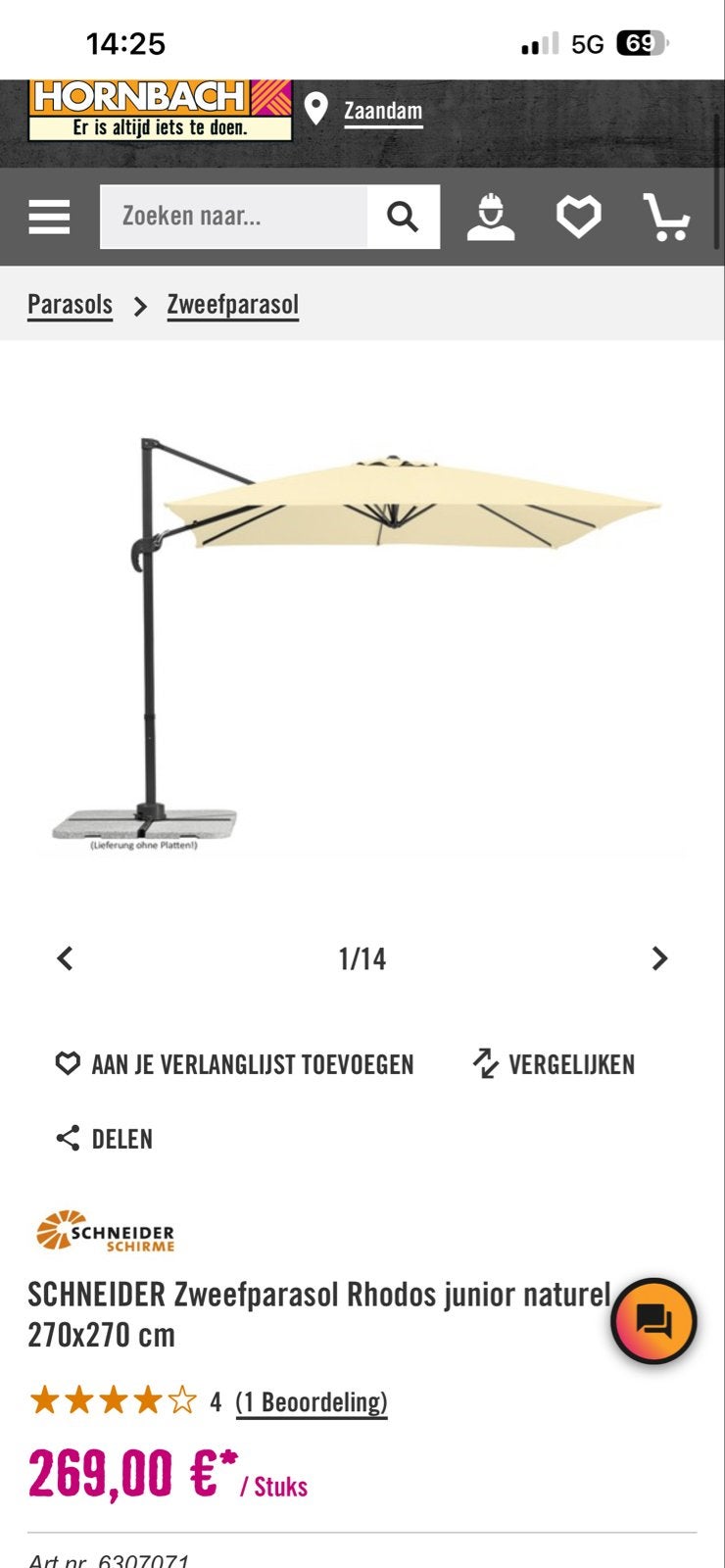 Schneider Zweefparasol Rhodos Junior naturel 270x270 nieuw, Tuin en Terras, Ophalen, Verstelbaar, Nieuw, 2 tot 3 meter