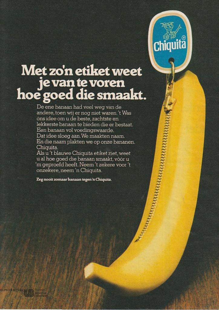 Retro reclame 1979 Chiquita bananen banaan met rits, Verzenden, Overige typen