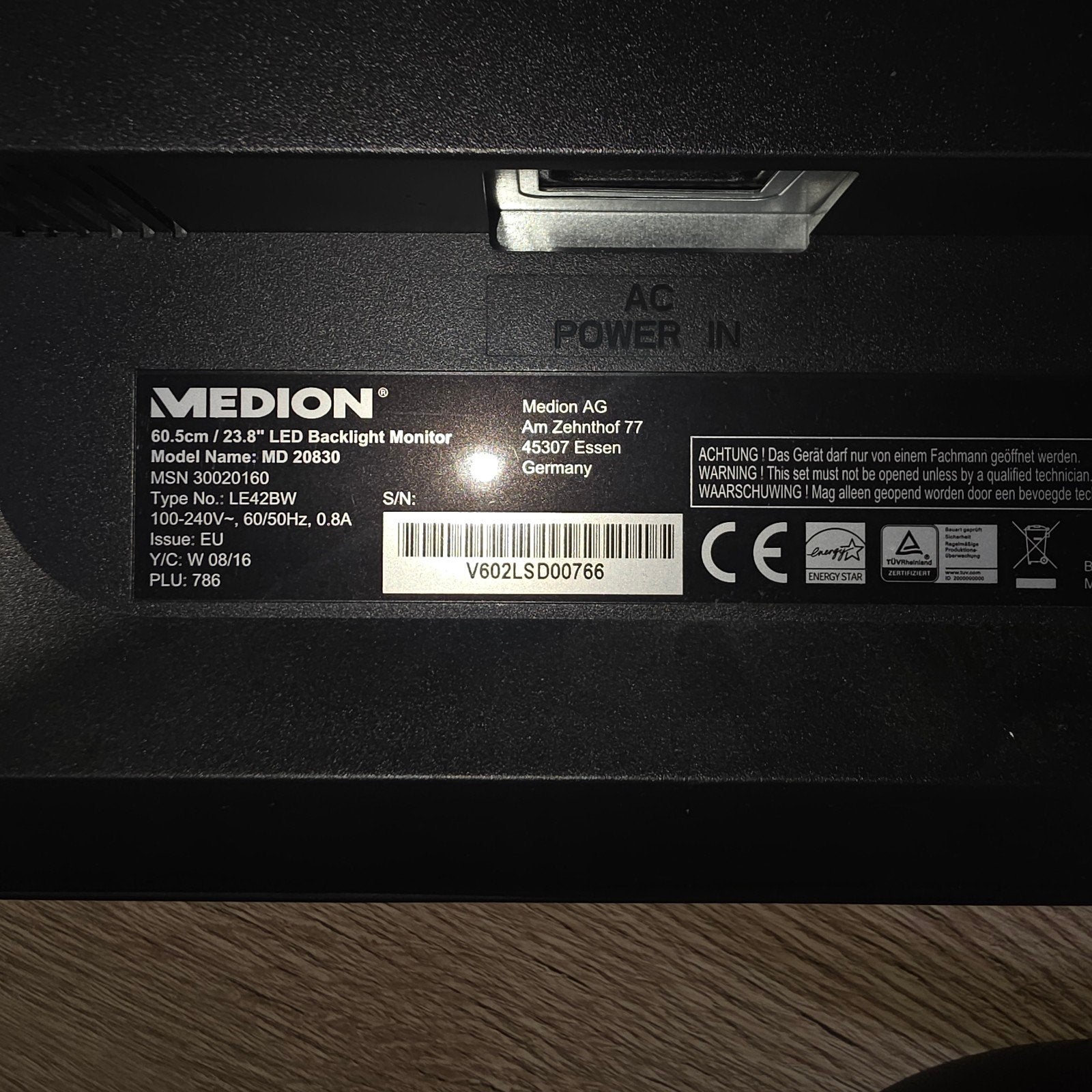 Medion 23.8" LED Backlight Monitor MD 20830, Gebruikt, Medion, Ophalen of Verzenden, 60 Hz of minder