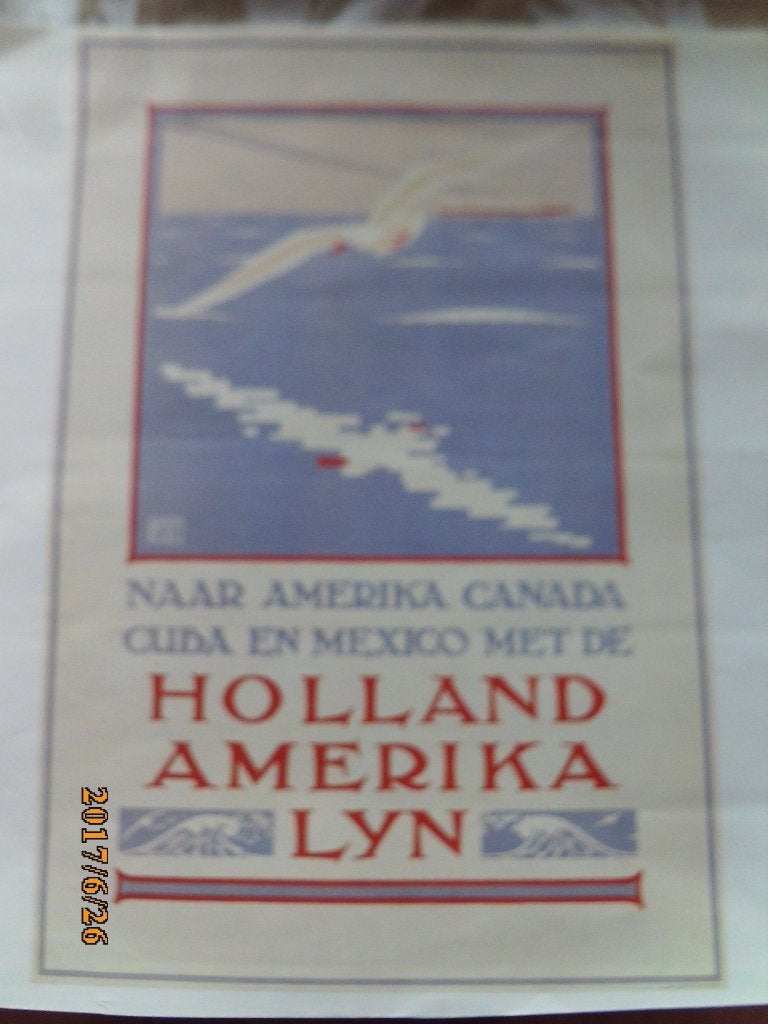 Reclame poster Holland Amerika Lijn Kalff Naar Amerika Canad, Rechthoekig Staand, Ophalen of Verzenden, Zo goed als nieuw, A1 t/m A3