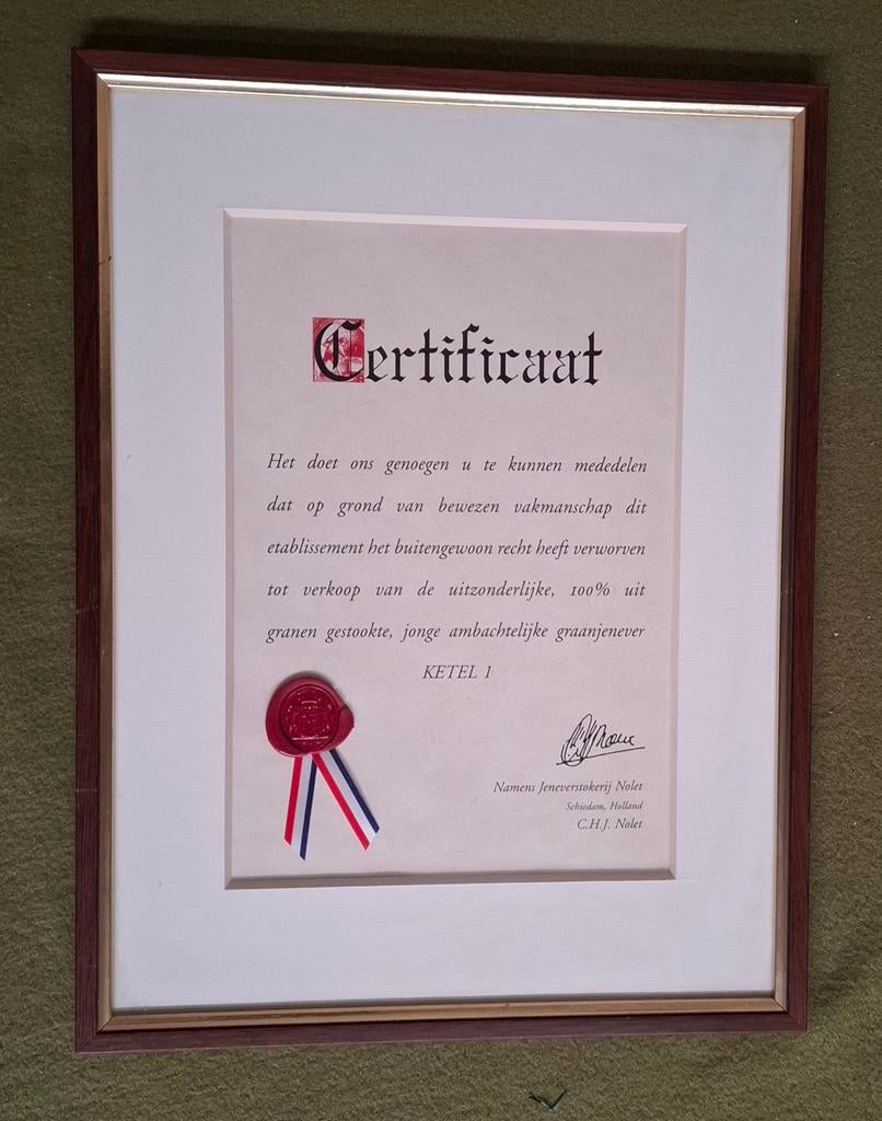 Certificaat Ketel 1 Jeneverstokerij Nolet, Verzamelen, Ophalen of Verzenden, Gebruikt, Overige typen