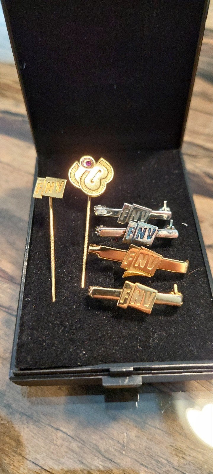 FNV Speldjes en Pins - Goudkleurig en Zilverkleurig, Overige materialen, 4 tot 7 cm, Gebruikt, Ophalen of Verzenden