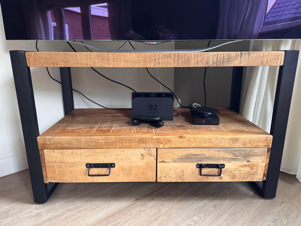 Stoere TV-meubel van mangohout en metaal, Ophalen, Gebruikt, 50 tot 100 cm, Minder dan 100 cm