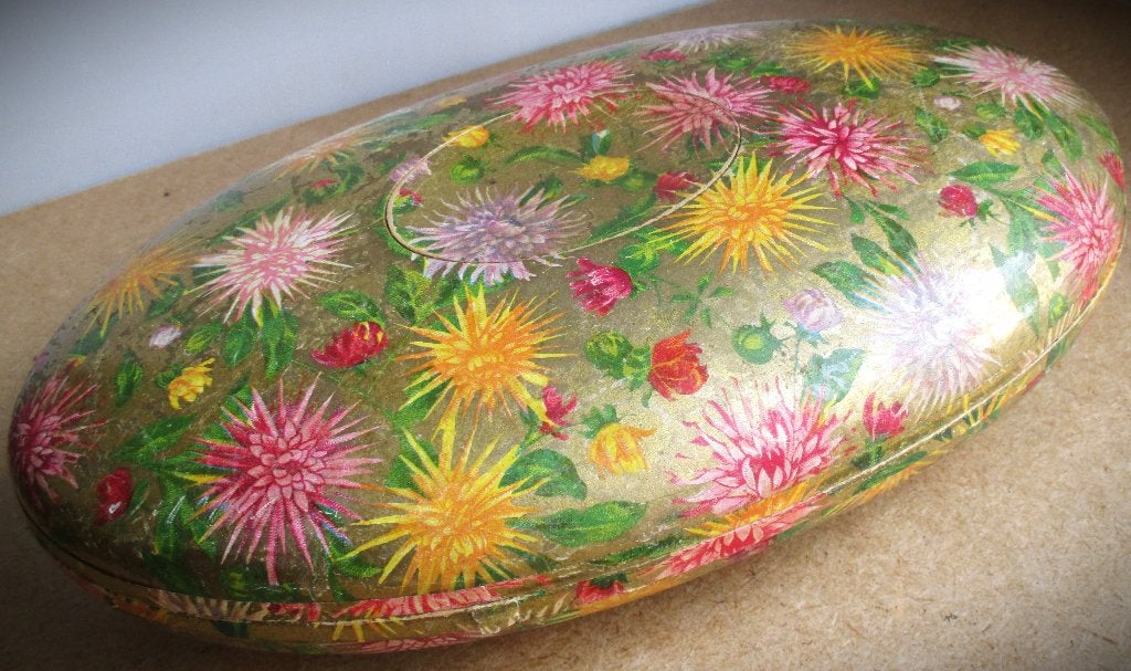 Box~Doos~Papiermachee~Ovale met Bloemenprint - Goudkleurig, Antiek en Kunst, Ophalen of Verzenden