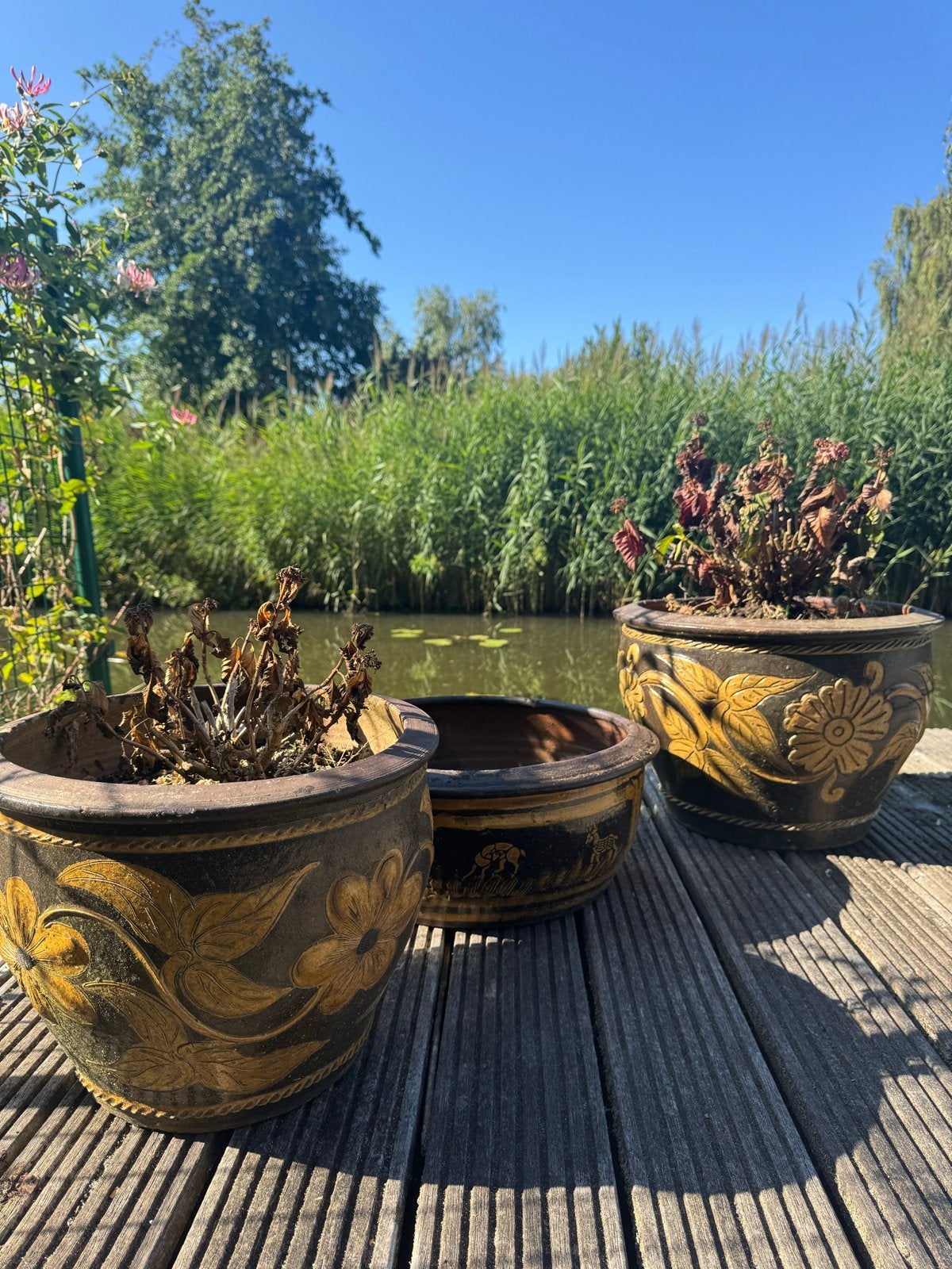 Set van 3 decoratieve Japanse bloempotten met gouden details, Gebruikt, Rond, Binnen, Minder dan 40 cm