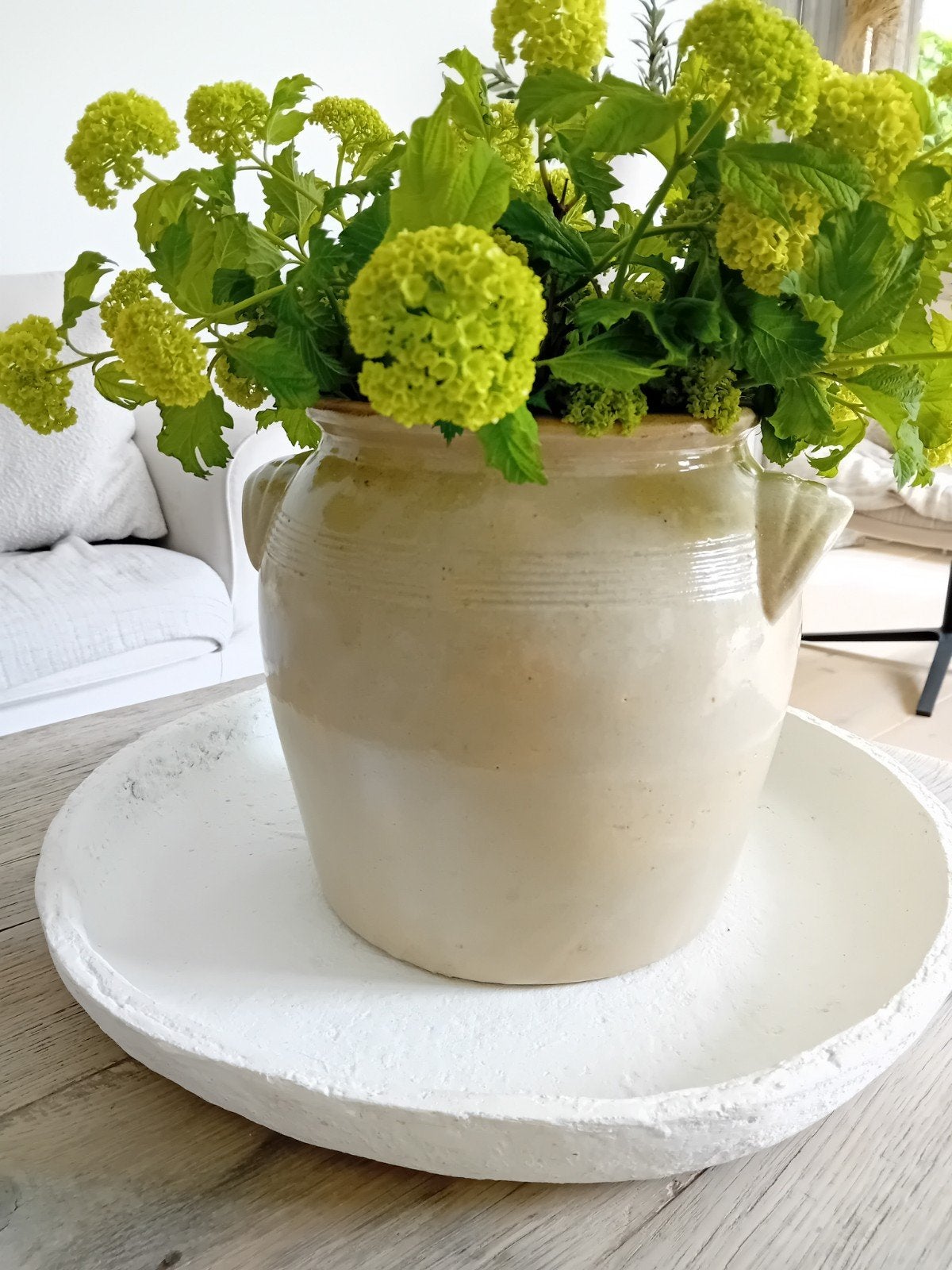 Vintage aardewerken pot met handvatten brocante grespot, Ophalen of Verzenden