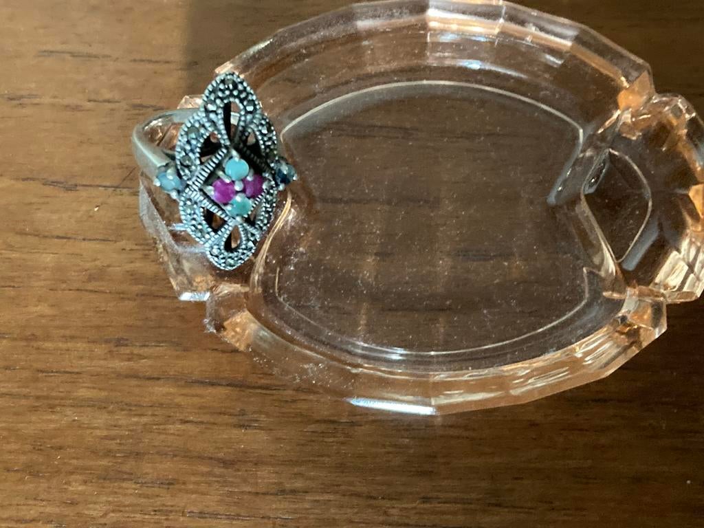 Zilveren ring met markasiet en edelstenen, Sieraden, Tassen en Uiterlijk, Ringen, Ophalen of Verzenden, Zo goed als nieuw, 17 tot 18