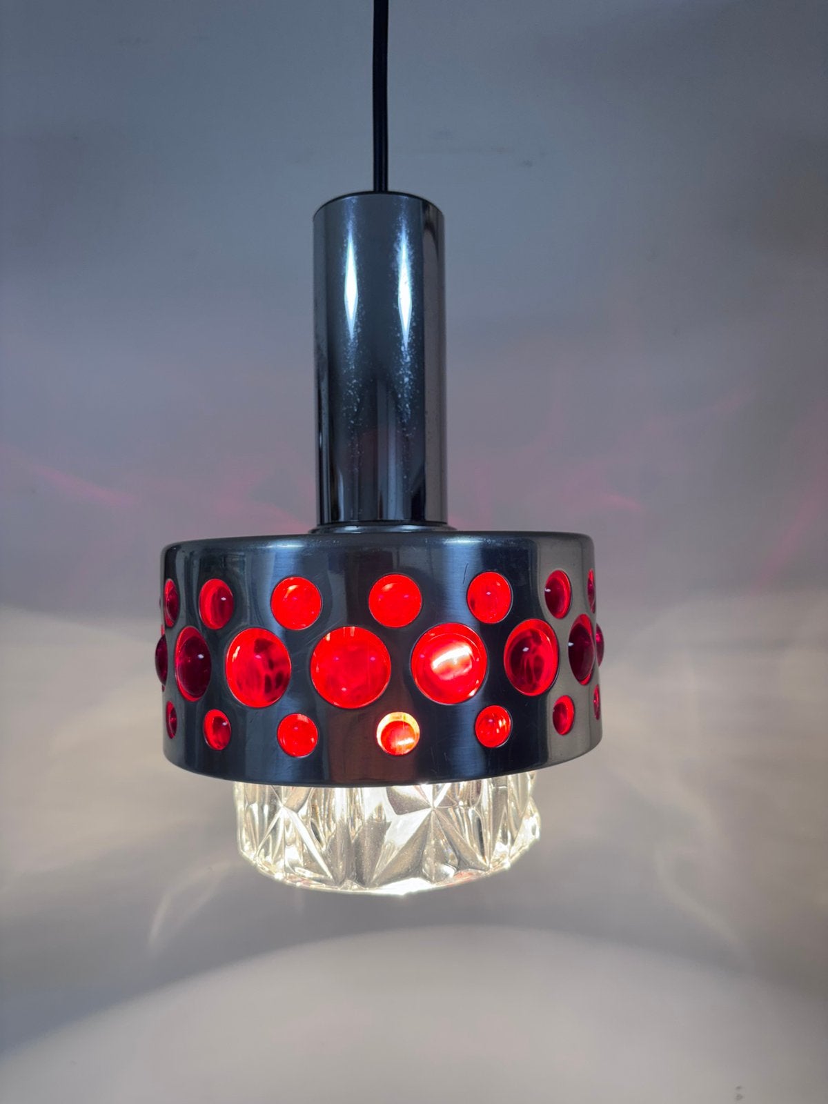 Richard Essig Space Age Hanglamp Jaren '70  Chroom & Robijn, Ophalen of Verzenden, Zo goed als nieuw, Kunststof