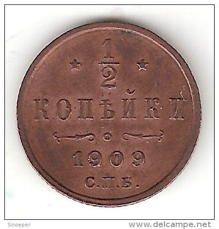 Russia 1/2 kopek 1909 km 48.1 unc  cat val   xf+ =40$, Verzenden, Rusland, Losse munt