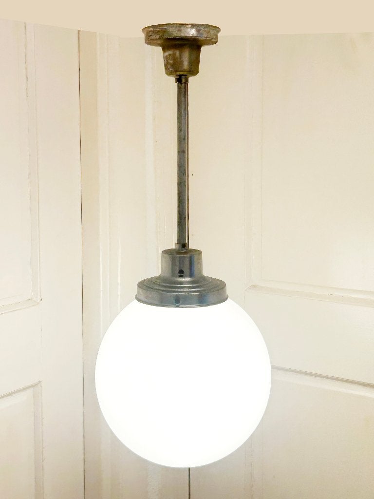 Originele jaren 30 schoollamp – Art Deco, Ophalen, Gebruikt, E27 (groot), Glas