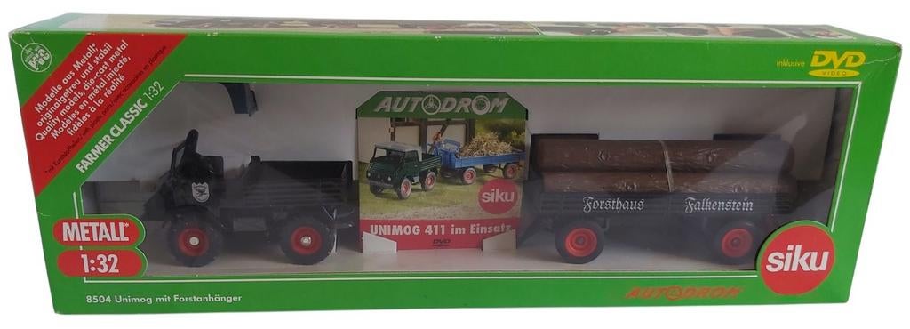 Siku 8504 classic unimog 411 met bosaanhanger inclusief DVD, Ophalen of Verzenden, SIKU