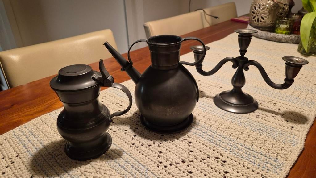 Tinnen vaas, kan en kandelaar, Ophalen of Verzenden