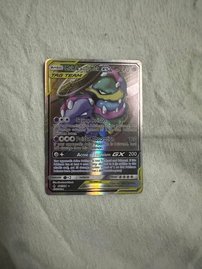 Muk & Alolan Muk GX Pokémon Kaart - Tag Team, Ophalen of Verzenden, Zo goed als nieuw, Losse kaart, Foil
