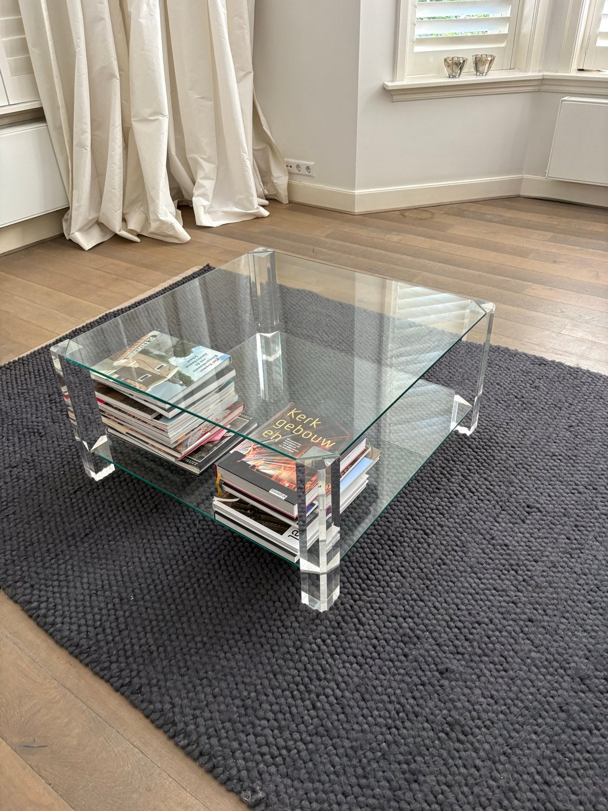 Bor design glazen salontafel vierkant 80x80x40 cm, Huis en Inrichting, Ophalen, Gebruikt, Vierkant, 50 tot 100 cm