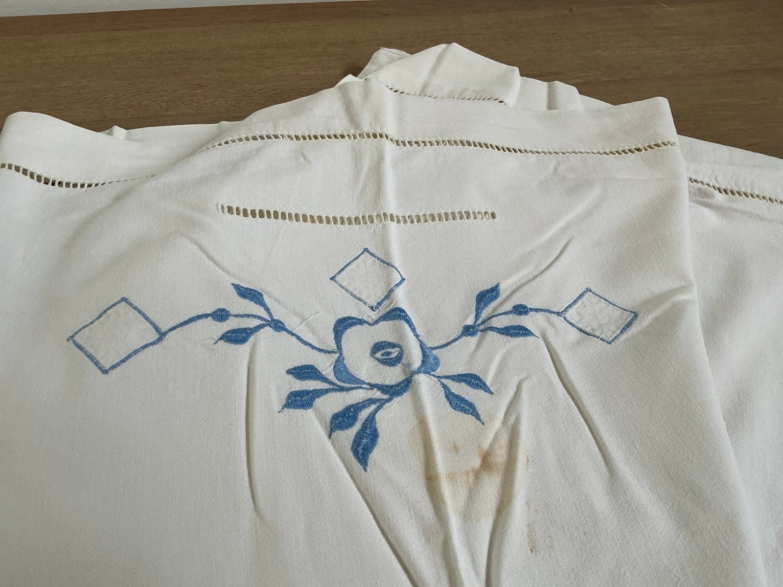 Vintage linnen laken uit Frankrijk met borduursel, Ophalen of Verzenden