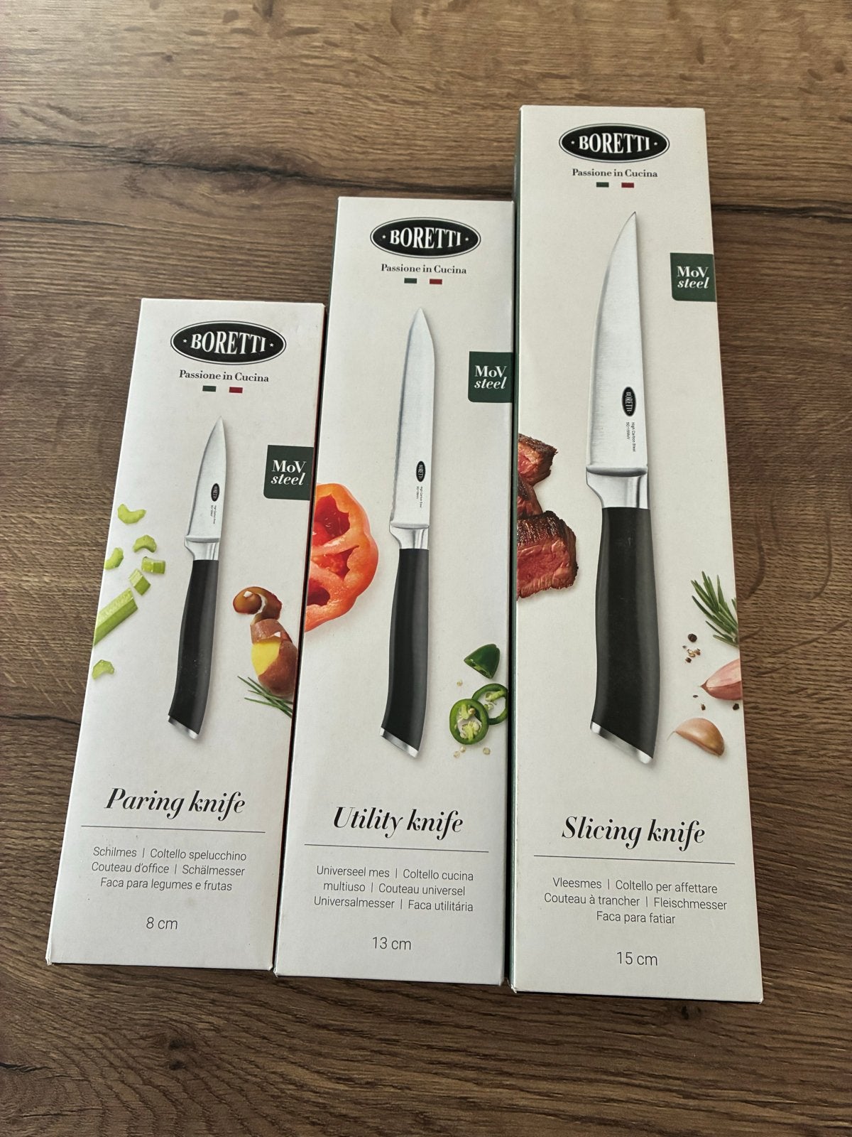 Boretti Messenset met Snijplank en Messenblok - Nieuw, Overige typen, Hout, Nieuw, Ophalen of Verzenden
