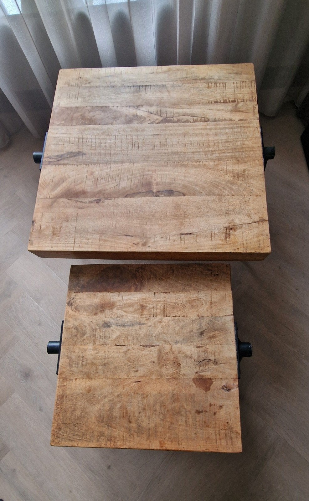 Set van 2 Mango Houten Salontafels - Industrieel Design, Gebruikt, 50 tot 100 cm, Vierkant, Industrieel, Modern