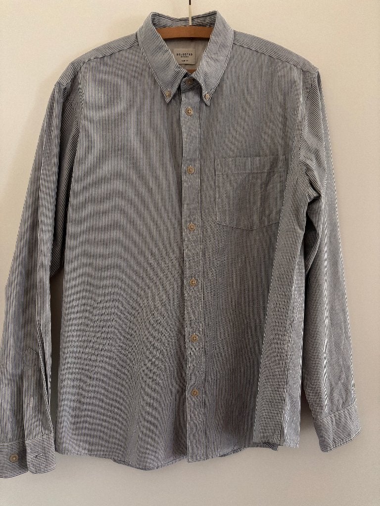 Selected Homme slim fit overhemd blouse grijs / wit streep L, Ophalen of Verzenden, Zo goed als nieuw, Halswijdte 41/42 (L), Grijs