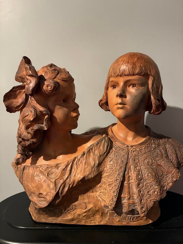 Art Nouveau Terracotta Beeld - Jongen en Meisje - I. Madrass, Antiek en Kunst, Kunst | Beelden en Houtsnijwerken, Ophalen of Verzenden