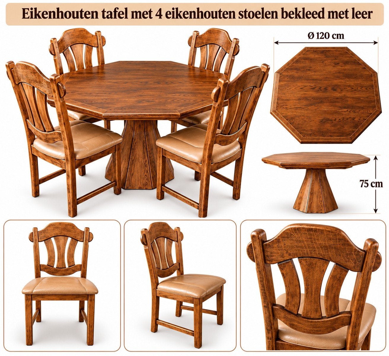 Prachtige eikenhouten eettafel met 4 stoelen – Leder, Antiek en Kunst, Ophalen