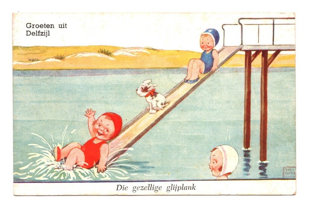 Oude Ansichtkaart Delfzijl Kinderen Glijbaan Gelopen 1950, Ophalen of Verzenden, 1940 tot 1960, Gelopen, Kinderen