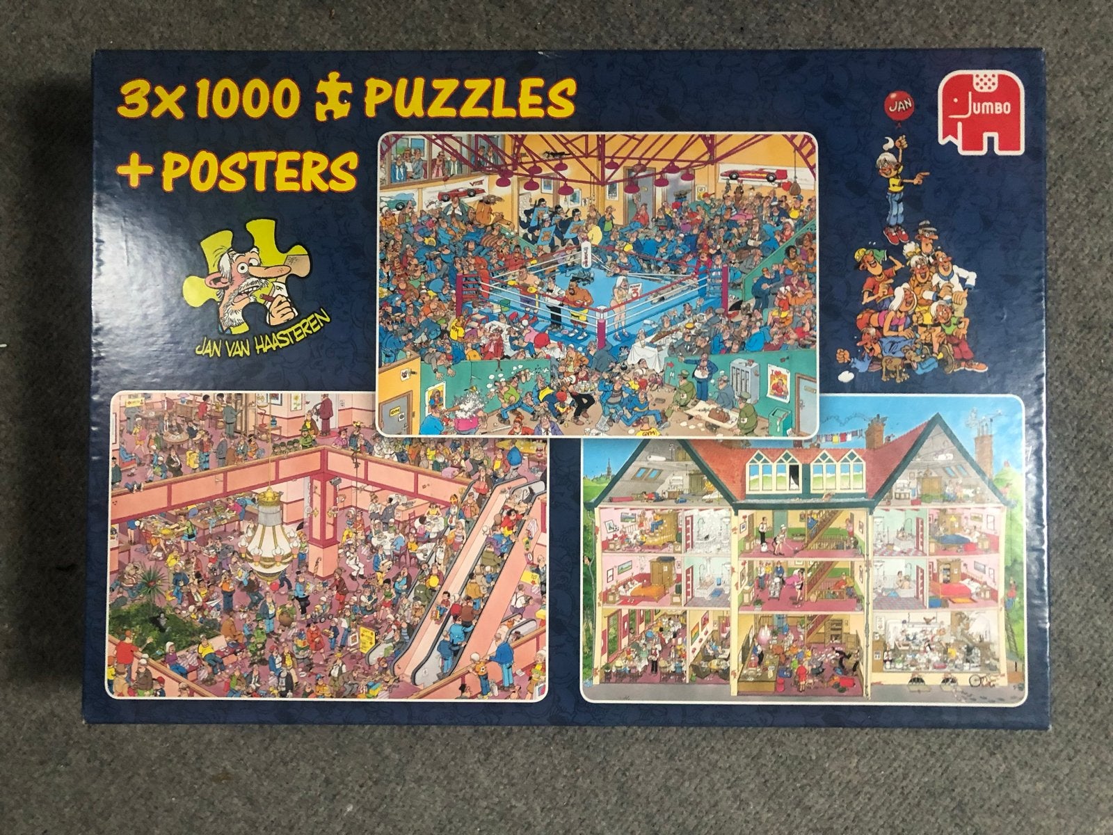 Jan van Haasteren 3x 1000 stukjes puzzels + posters, Ophalen of Verzenden, 500 t/m 1500 stukjes, Zo goed als nieuw, Legpuzzel