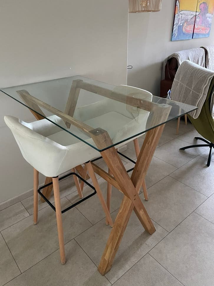 Bartafel met 2 barkrukken en 2 klapkrukken, Huis en Inrichting, Ophalen, Gebruikt, 90 cm of meer, 4 krukken