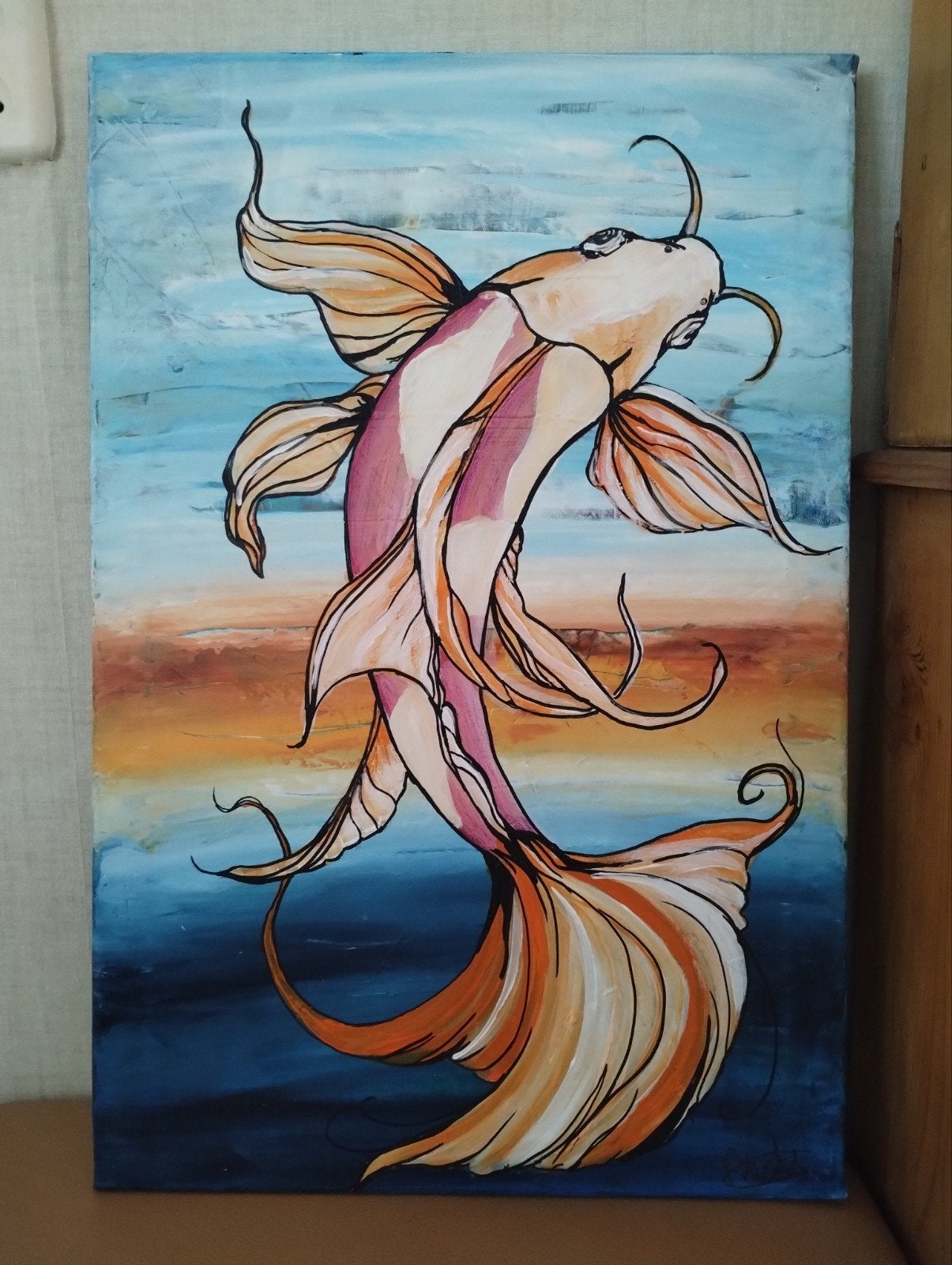 Schilderij Koi karper - Handgeschilderd , 40 x 60 cm, Antiek en Kunst, Acrylverf, Overige stijlen, Doek, Dieren