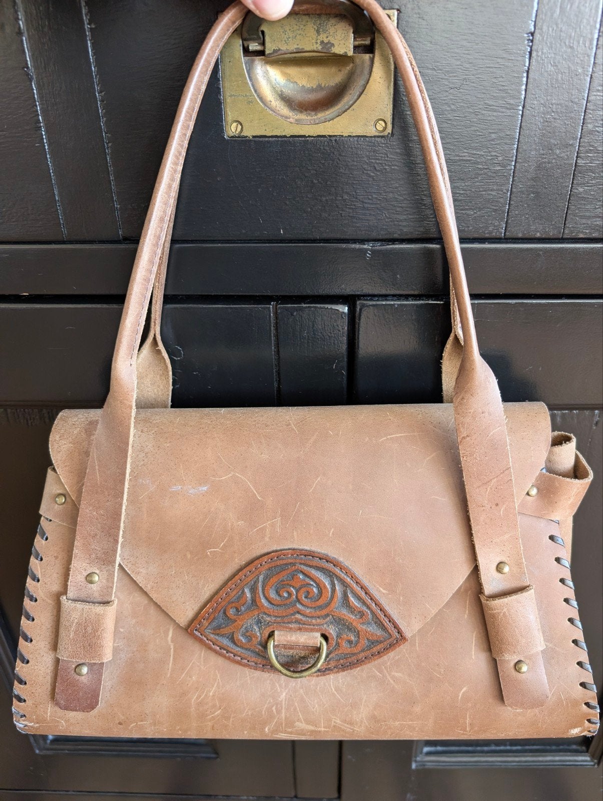 vintage handgemaakte leren handtas, Ophalen of Verzenden, Zo goed als nieuw, Bruin, Handtas