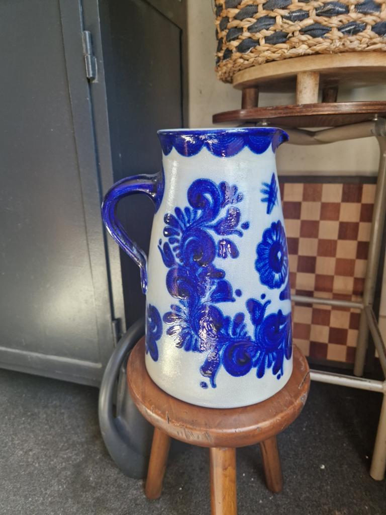 Vintage Handarbeid Keramische Kan - Blauw Bloemenpatroon, Ophalen