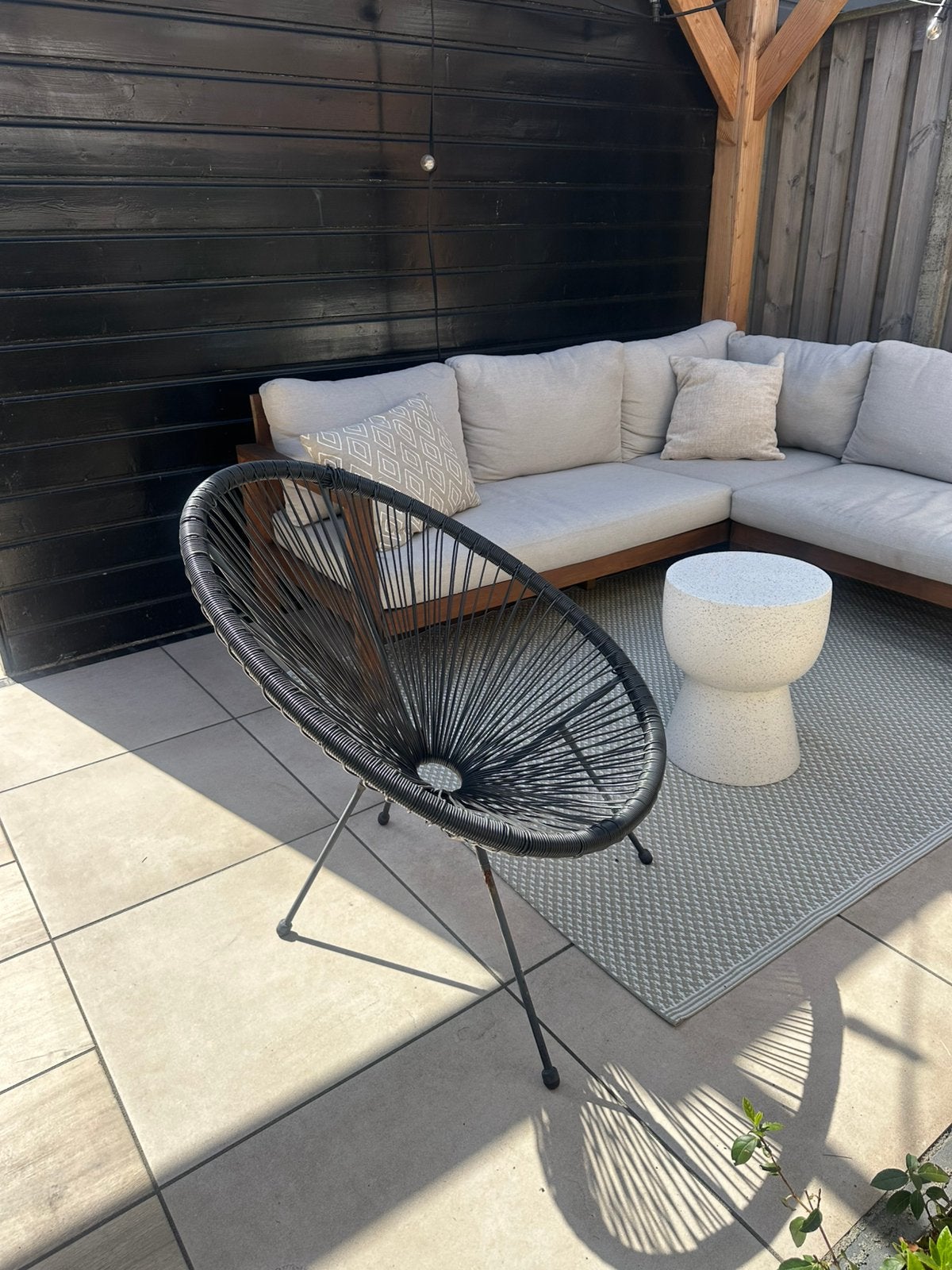 3x zwarte kuip tuinstoelen, Ophalen, Kunststof, Gebruikt, 3 zitplaatsen