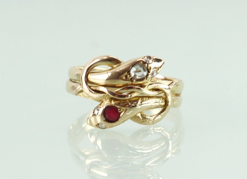 Antieke gouden ring slangen met diamant, Ophalen of Verzenden, Goud, Ring, Met edelsteen