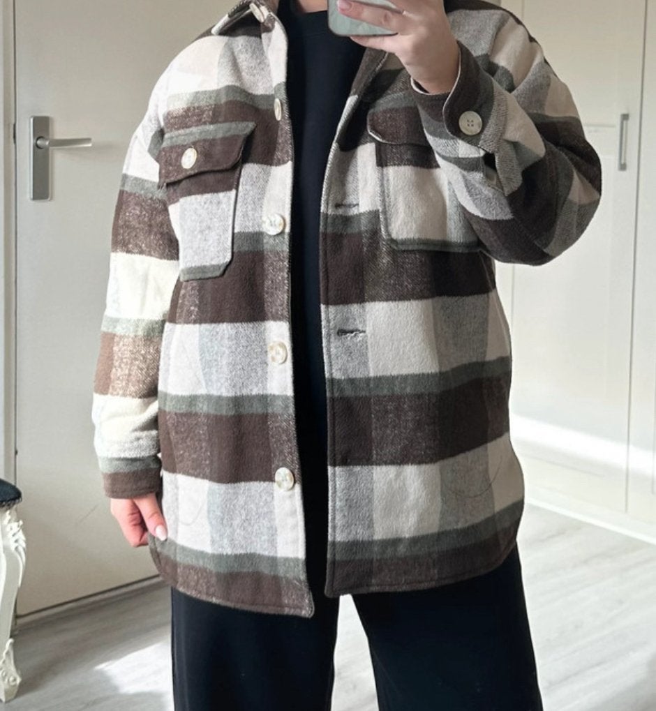 Pull & Bear geruite jas met knopen en zakken creme bruin, Bruin, Ophalen of Verzenden, Zo goed als nieuw, Pull & Bear