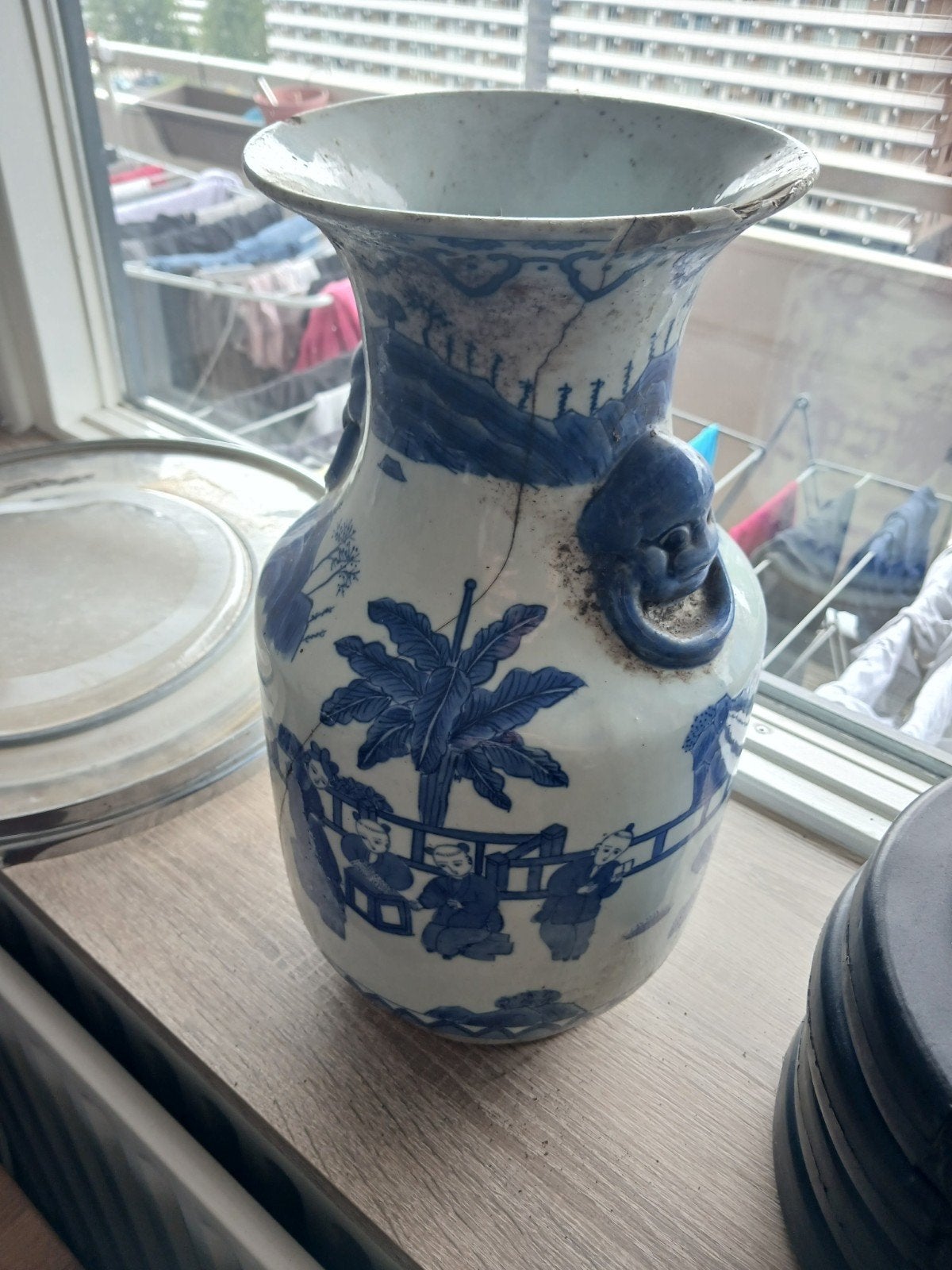 Antieke Chinese Blauw-Witte Vaas met Leeuwenkoppen, Ophalen of Verzenden