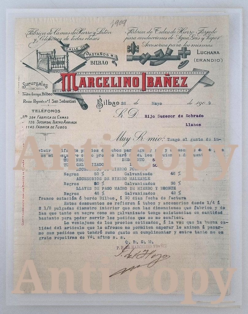 Briefhoofd Marcelino Ibanez. Spanje Bilbao. 1909. zeldzaam, Ophalen of Verzenden