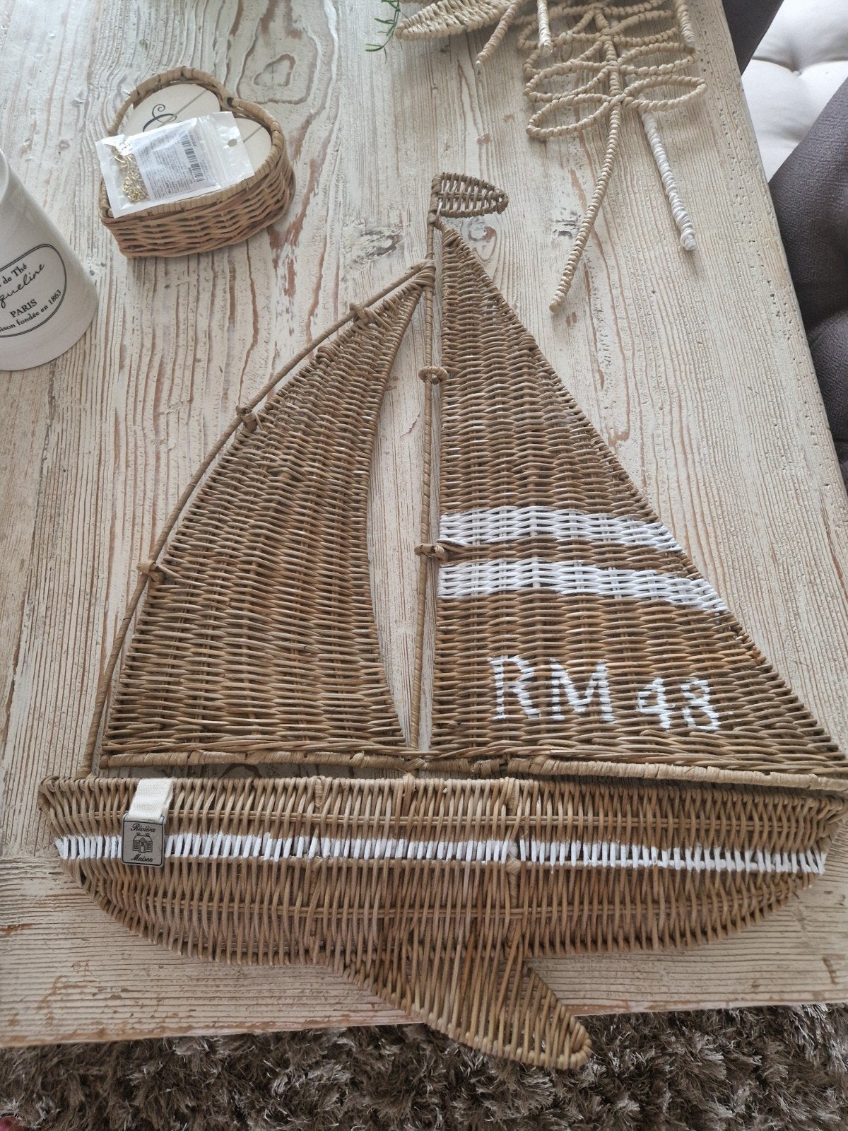 Riviera maison rieten zeilboot wanddecoratie, Ophalen, Natuurlijk materiaal, Bruin, Landelijk