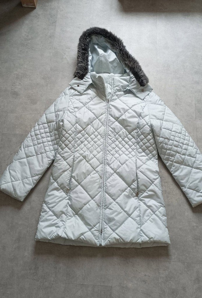 Lichtblauwe gewatteerde jas met capuchon maat 38, Ophalen of Verzenden, Gedragen, Maat 38/40 (M), Blauw