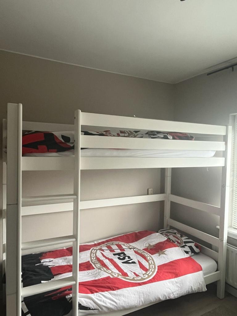 Wit stapelbed met lattenbodems, Huis en Inrichting, Slaapkamer | Stapelbedden en Hoogslapers, Ophalen, Gebruikt, 90 cm, Tweepersoons