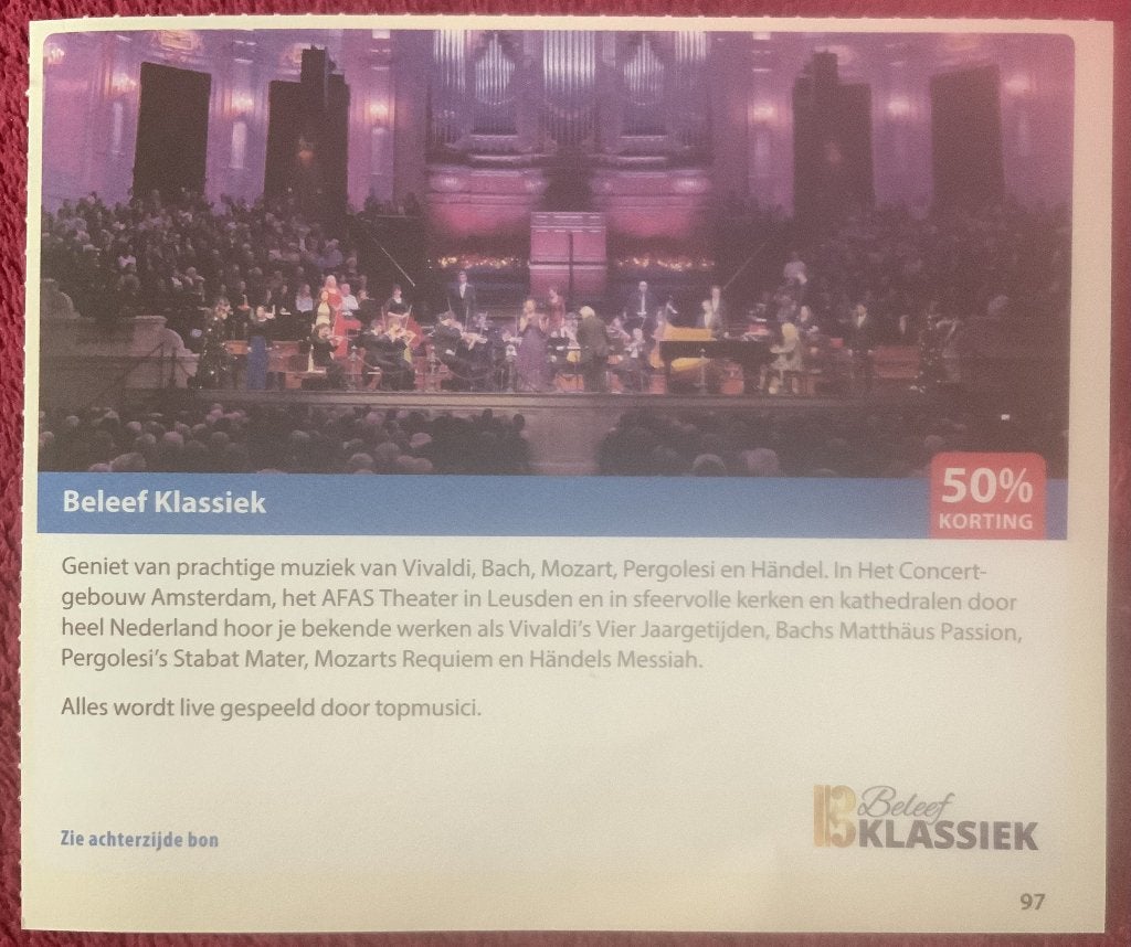 Beleef Klassiek door heel Nederland Voordeelbon, Tickets en Kaartjes, Drie personen of meer, Kortingsbon, Overige typen
