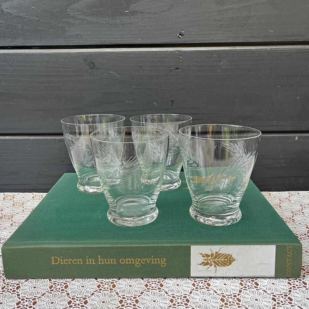 4 vintage waterglazen met gegraveerde korenaren, Antiek en Kunst, Antiek | Glas en Kristal, Ophalen of Verzenden