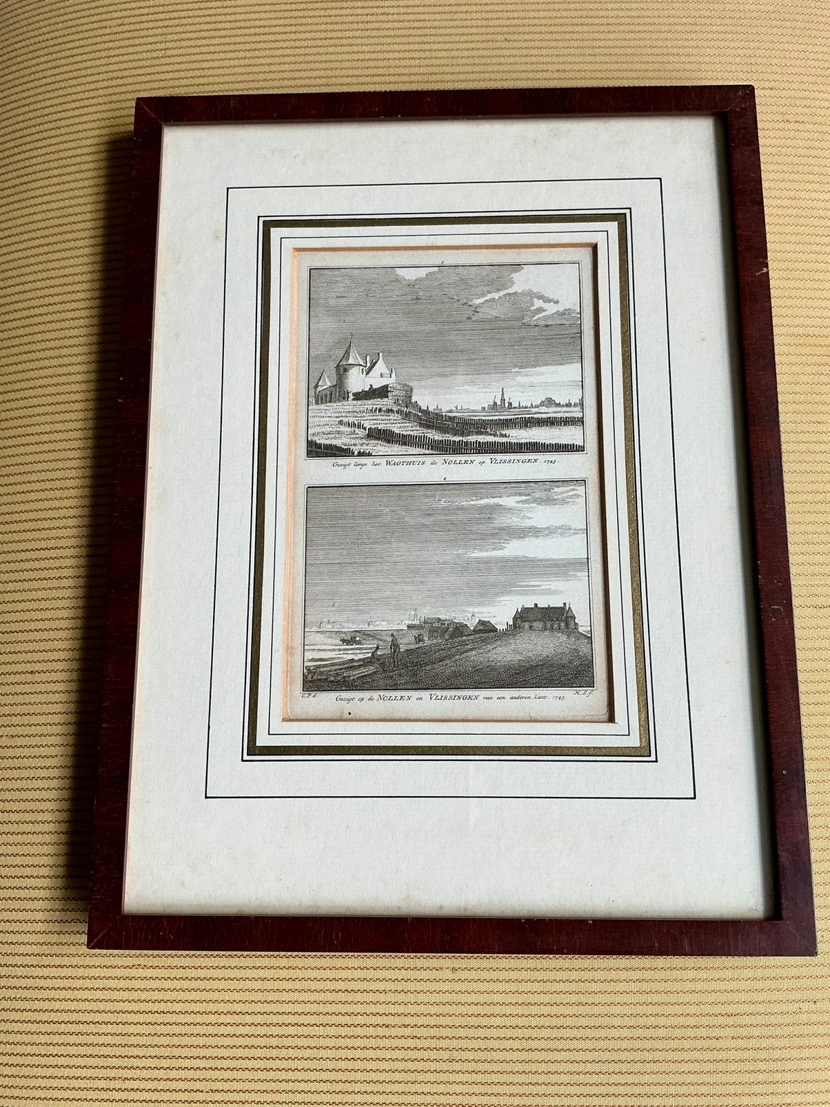 Antieke Gravure: Gezichten op de Nollen en Vlissingen (1743), Ophalen of Verzenden