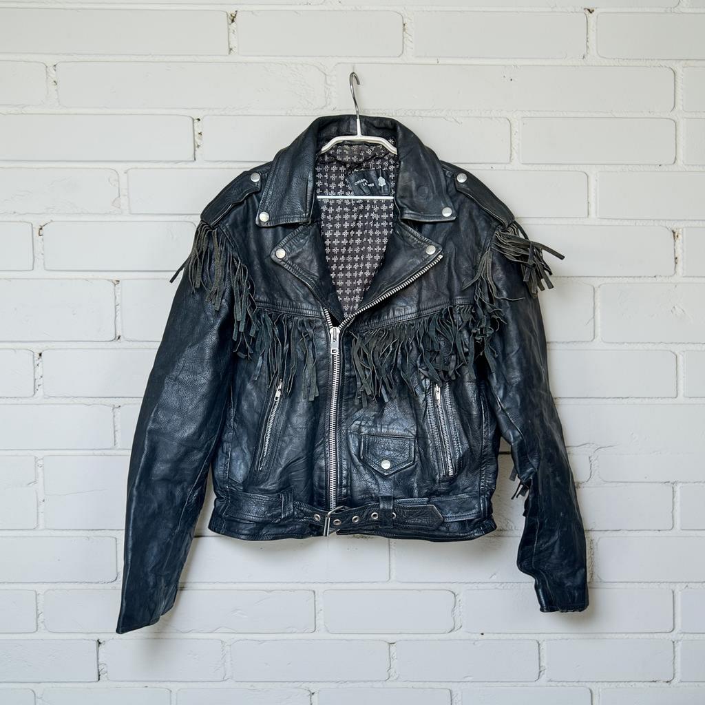 Vintage Jas Maat 42 Zwart Leer Moto Cowboy Western Jacket, Zwart, Maat 42/44 (L), Ophalen of Verzenden, V