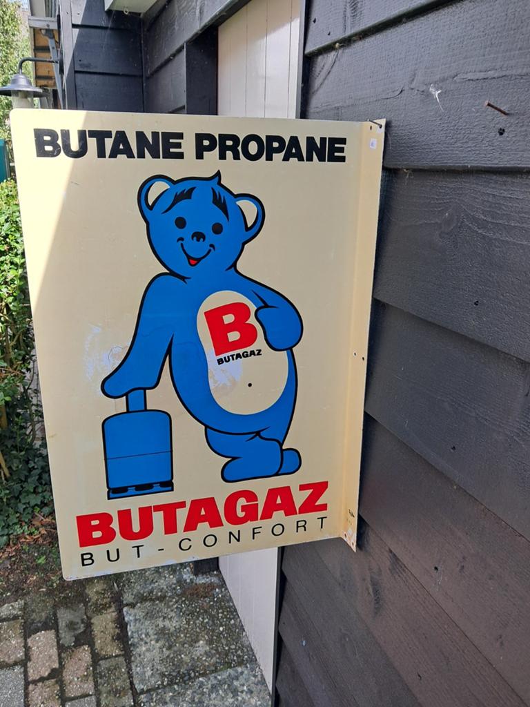 Leuk metalen Butagaz reclame dubbelzijdig., Ophalen, Gebruikt, Reclamebord