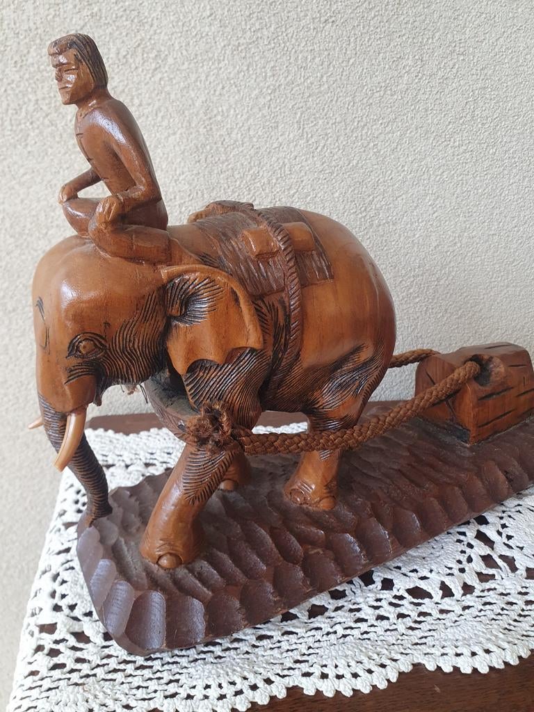 Houten beeld olifant met mahout - Handgesneden, Ophalen of Verzenden, 20 - 50 cm, Beeld, Hout