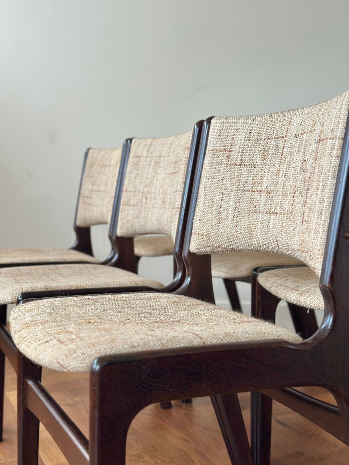Set 6 Vintage stoelen Deens design eiken hout jaren 50/60/70, Ophalen, Hout, Gebruikt, Bruin