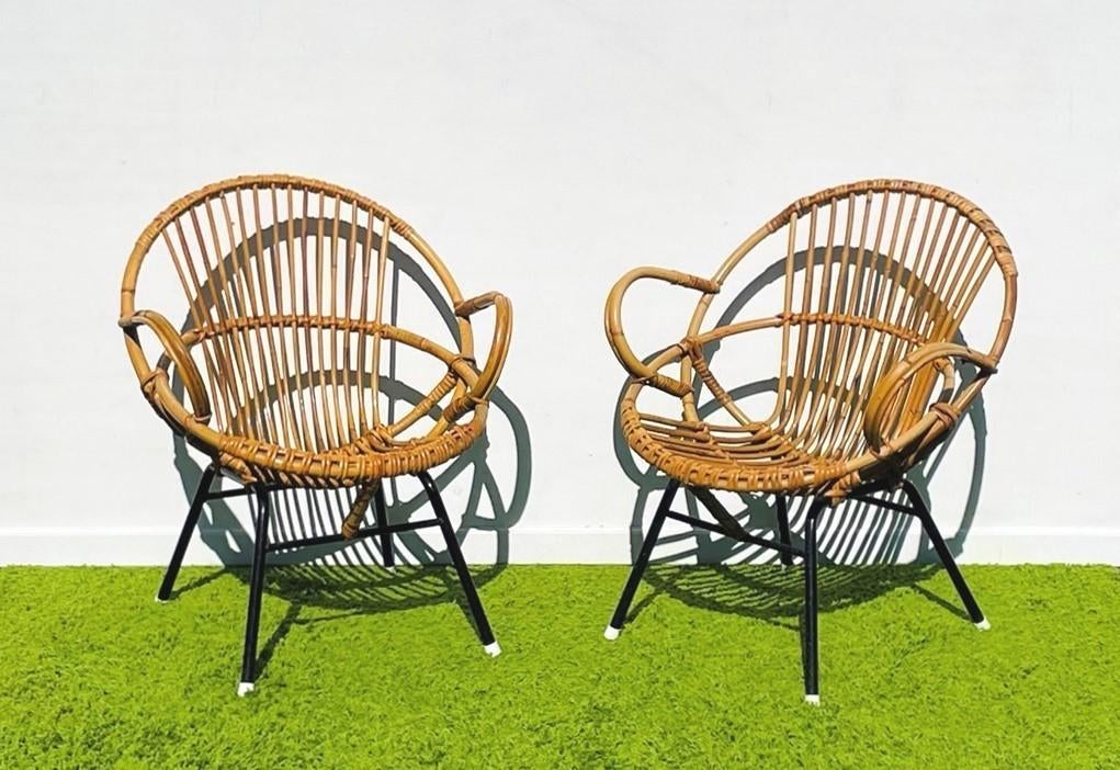 Paar van rotan Noordwolde lounge fauteuils ~ Vintage 60s, Huis en Inrichting, Fauteuils, Gebruikt, Hout, 75 tot 100 cm, Ophalen of Verzenden