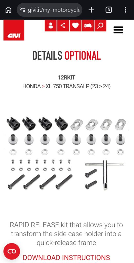 GIVI 12RKIT Rapid Release Kit Honda XL 750 Transalp, Motoren, Ophalen of Verzenden, Zo goed als nieuw